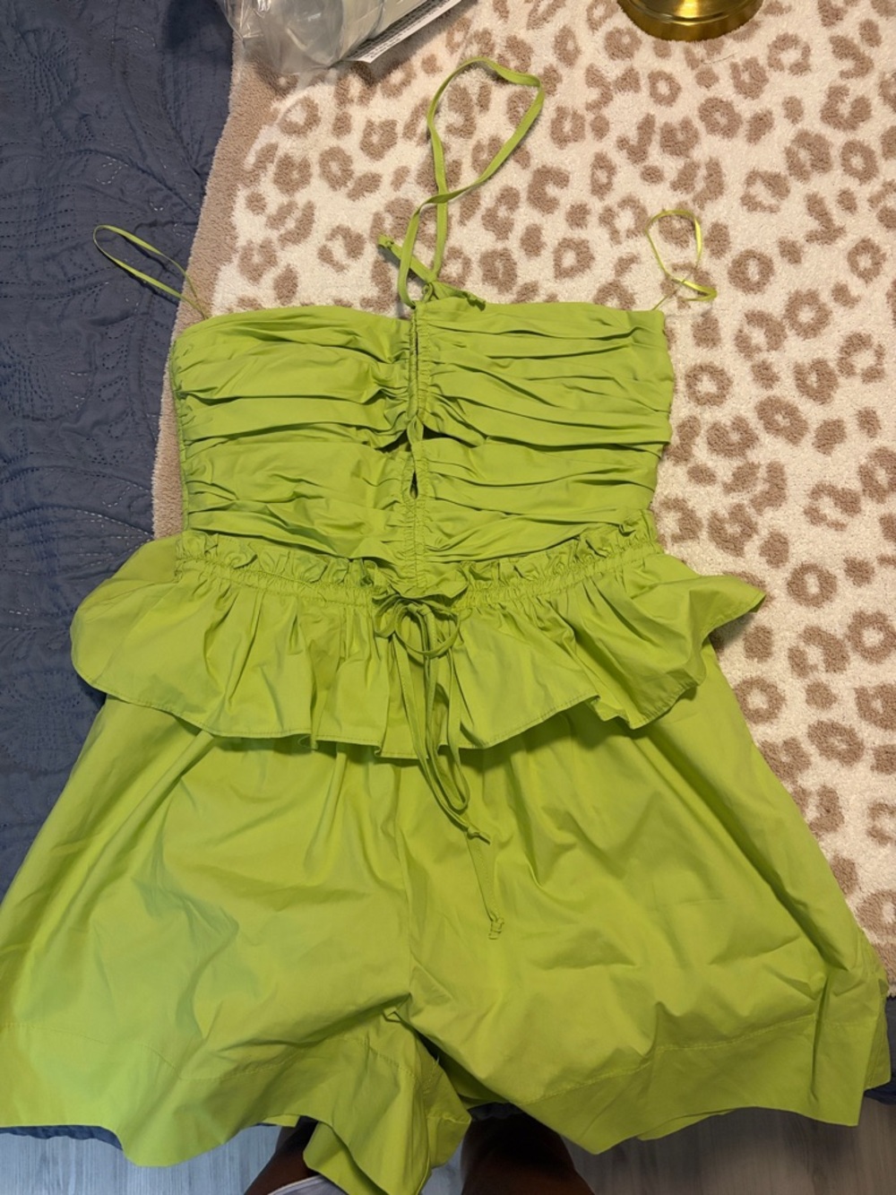 Olivaceous Lime Green Ruffled Strap One-Piece Romper